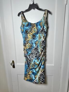 VTG Signature by Sangria Y2K Ruched Snake Satin Teal Blue Sleeveless Dress 10